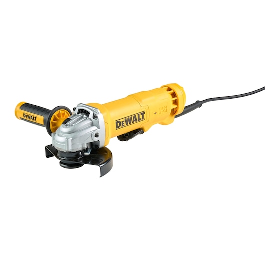 Yellow DEWALT corded angle grinder with side handle and protective guard, shown on white background.