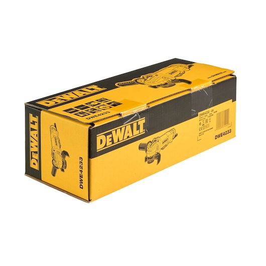 DEWALT DWE4233 yellow and black box, packaging for an angle grinder power tool.