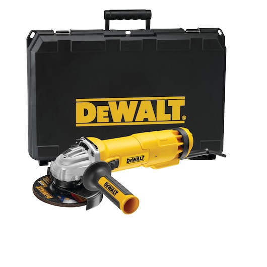 DEWALT angle grinder with yellow handle and black carrying case displayed behind it.
