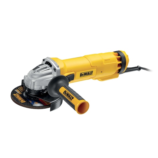 DEWALT DWE4237 yellow angle grinder with black handle and disc, shown on a white background.