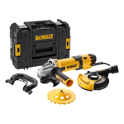 DEWALT angle grinder kit with carry case and attachments, shown on a white background.