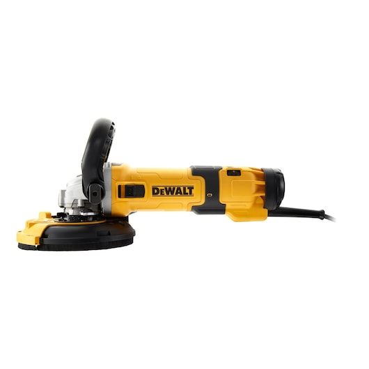 Yellow and black DEWALT angle grinder with side handle, shown from the side on a white background.