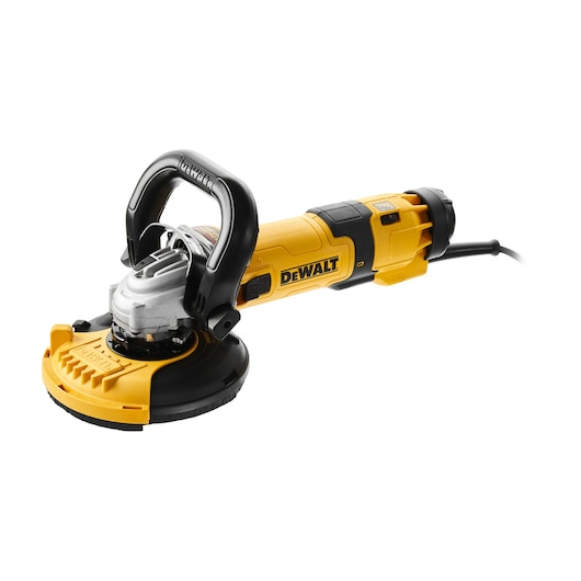 DEWALT DWE4257KT yellow angle grinder with handle and protective guard, shown on a white background.