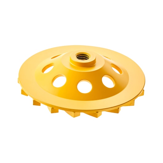Yellow grinding wheel with ventilation holes for power tools, shown against a white background.