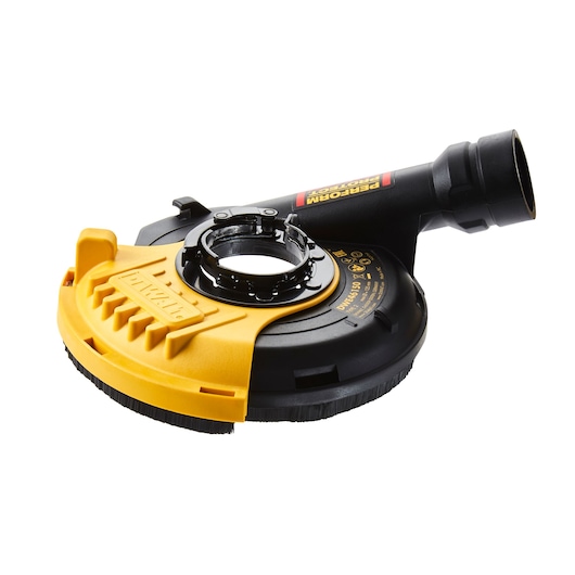 DEWALT DWE4257KT yellow and black grinder dust shroud accessory for power tools, photographed on a white background.