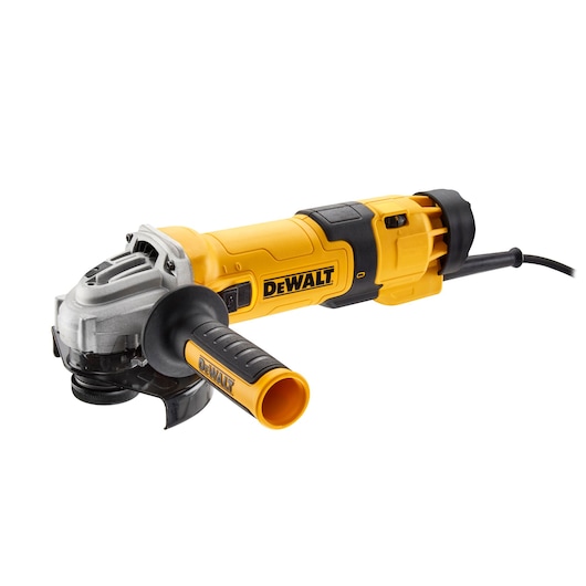 Yellow DEWALT corded angle grinder with black handle and side guard shown on white background.