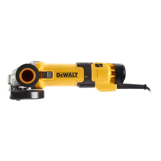 Side view of a yellow DEWALT DWE4257 angle grinder with black handle and power cord.