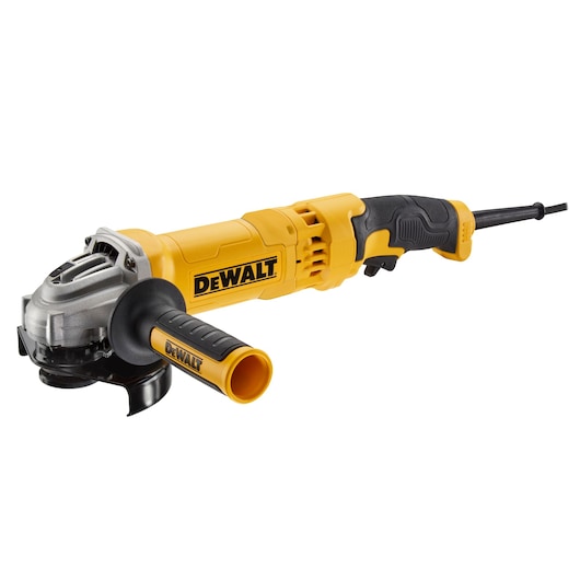A yellow and black DEWALT-branded angle grinder with a corded handle, side handle attachment, and metal grinding head.