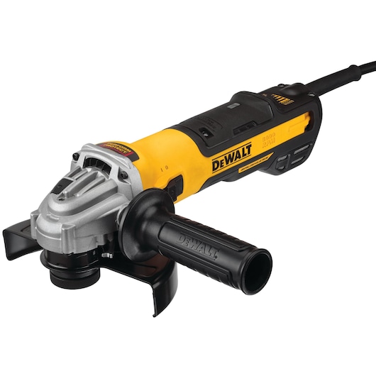 A yellow and black DEWALT angle grinder with a side handle and protective guard, shown against a white background.