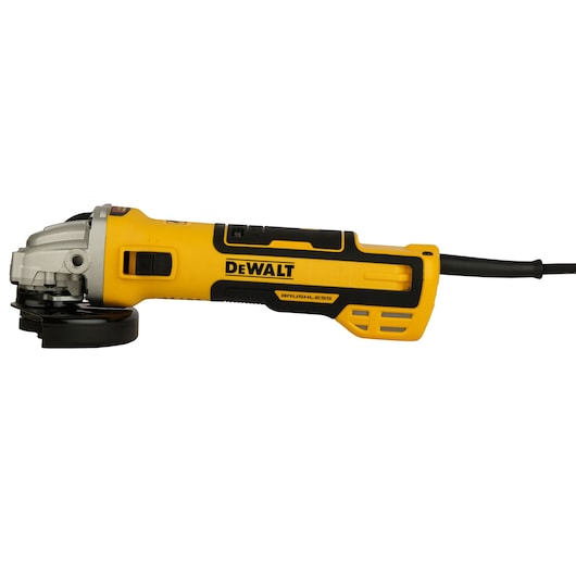 Yellow DEWALT angle grinder, brushless, with power cord, side view on white background.