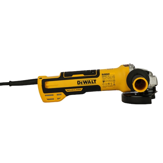 DEWALT DWE4347 brushless yellow angle grinder with side handle and power cord, shown on white background.