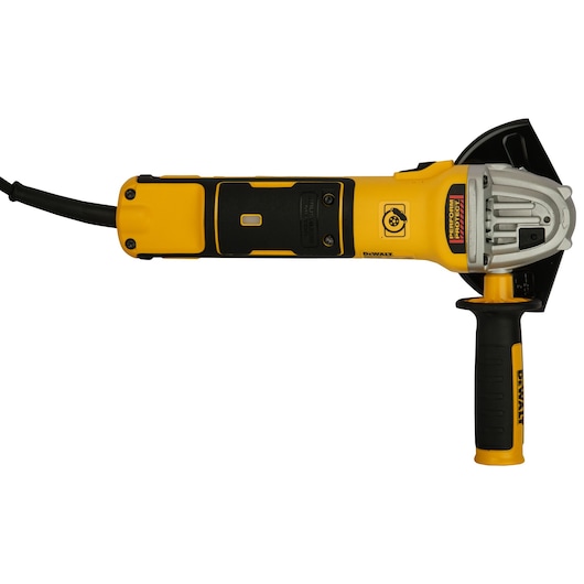 DEWALT angle grinder with black handle, yellow body, and cord, viewed from the side on a white background.