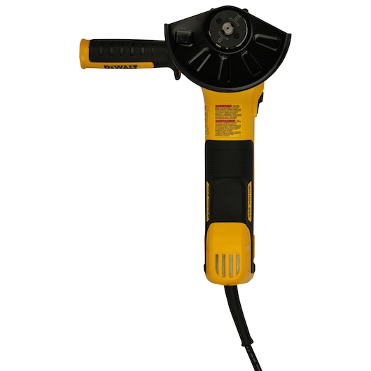 DEWALT angle grinder DWE4347 in yellow and black, shown with cord, handle, and safety guard.