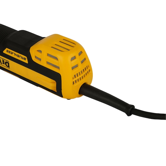 Close-up of DEWALT DWE4347 corded power tool with yellow and black casing and vented design.