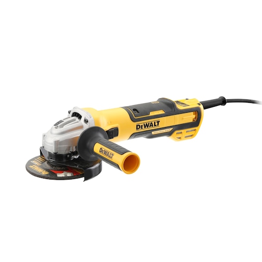 A DEWALT angle grinder, model DWE4357, shown on a white background. The tool is yellow and black with a side handle and a visible grinding disc. It is corded and designed for professional construction or metalworking tasks.