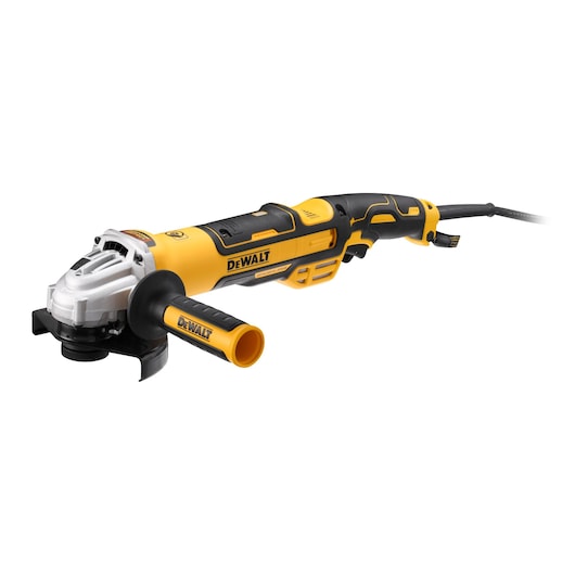 A yellow and black DEWALT angle grinder with a side handle, power cord, and a prominent cutting disc attachment.