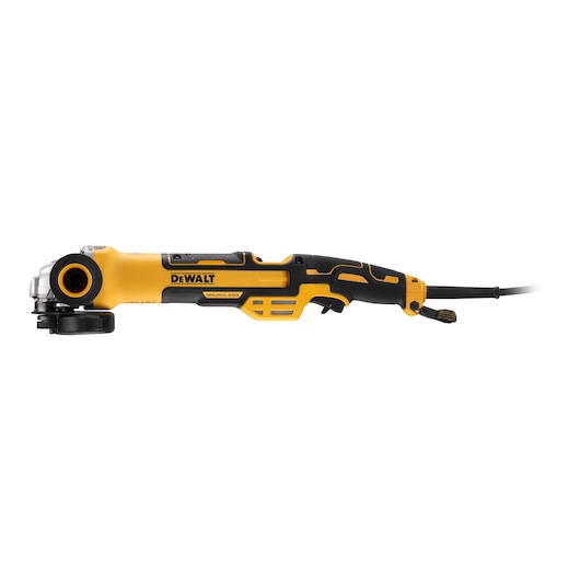 Side view of a DEWALT corded angle grinder with a yellow and black ergonomic body, shown against a white background.