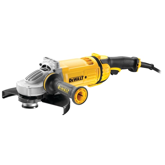 A yellow and black DEWALT angle grinder with a side handle, power cord, and protective guard.