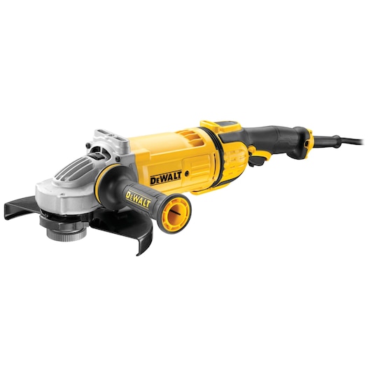 A yellow and black DEWALT branded angle grinder power tool with a side handle and protective guard.