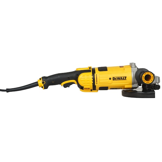 DEWALT yellow and black power angle grinder tool with cord, shown from the side on a white background.