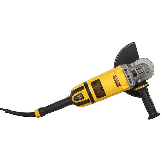 DEWALT DWE4579 yellow corded angle grinder with side handle, shown against white background.