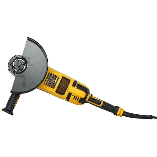 A yellow and black Dewalt angle grinder with side handle and protective guard, viewed from the side.