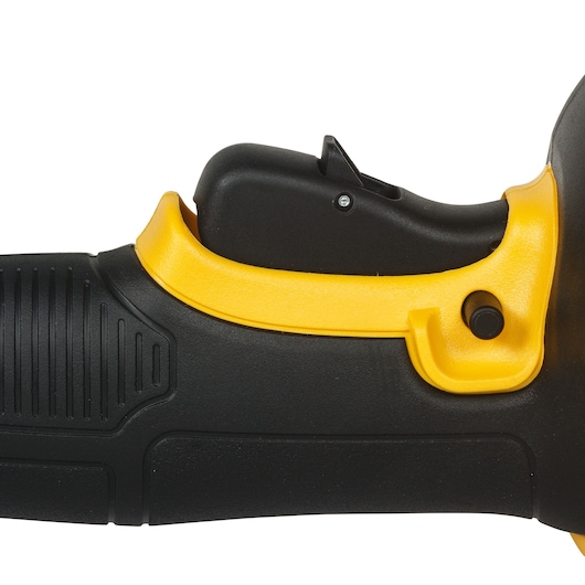 Close-up of DEWALT DWE4579 black and yellow power tool handle and trigger.