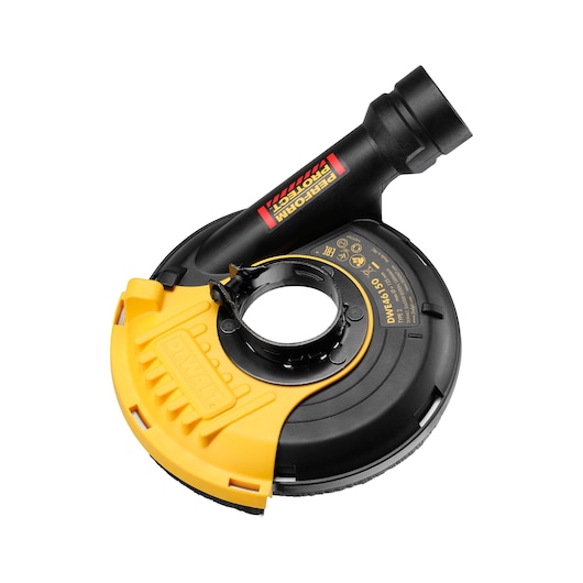 A DEWALT DWE46150 dust shroud attachment for an angle grinder, made of black and yellow plastic with labeling and a circular opening for fitting onto the tool.