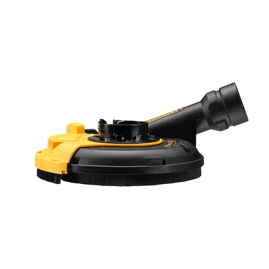 DEWALT DWE46150 dust shroud for angle grinders, black and yellow, shown on a white background.