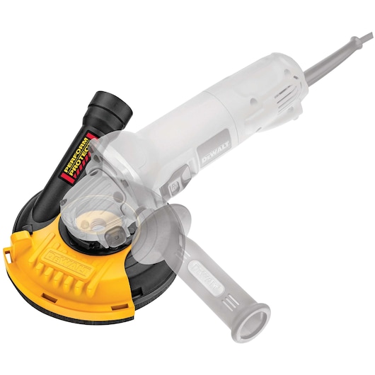A DEWALT Perform and Protect dust shroud attachment for an angle grinder, shown in black and yellow with the grinder tool partially faded in the background to illustrate compatibility.