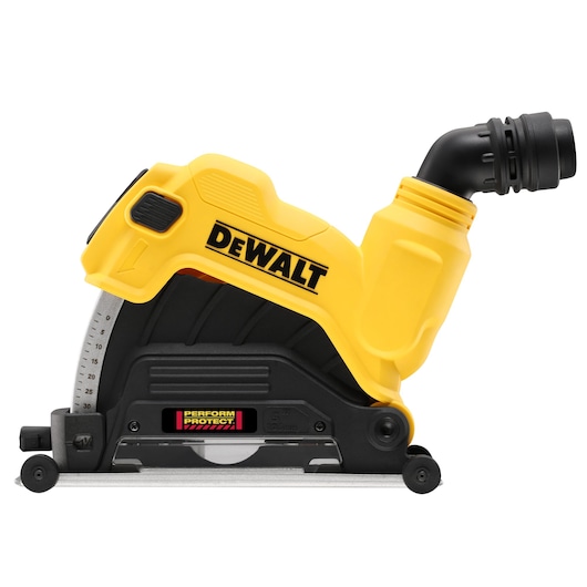 DEWALT DWE46225 dust extraction attachment for photography, shown in a side view with yellow and black body, featuring a hose connector and labeled Perform Protect.