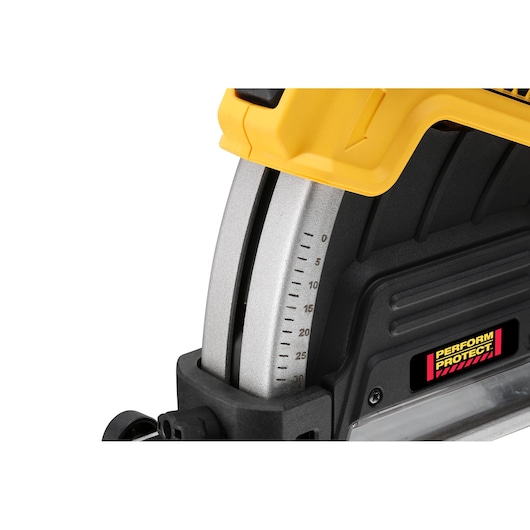 Close-up of a DEWALT power tool showing a bevel scale and a Perform Protect label on its black and yellow body.