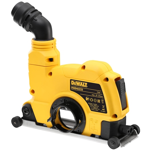 A DEWALT DWE46225 surface grinding dust shroud, designed for use with angle grinders. The device is yellow with black accents and features a large circular opening for attaching to a grinder, a nozzle for dust extraction, and wheels for easy movement.