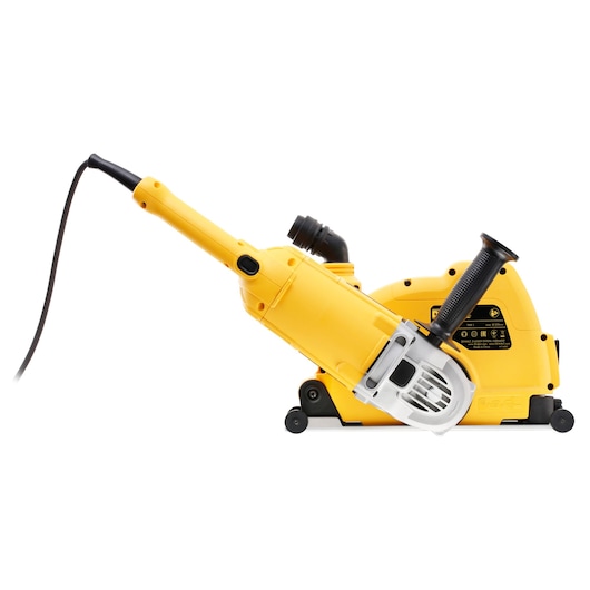 Yellow DEWALT electric wall chaser tool with side handle and cord, shown against plain white background.