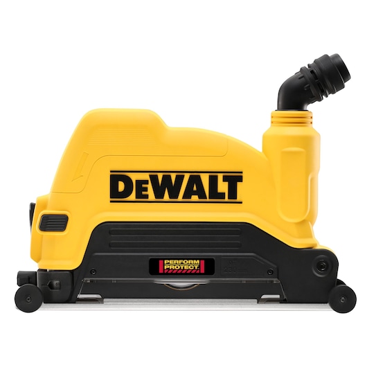 DEWALT yellow wall chaser power tool with dust extraction attachment and safety label.