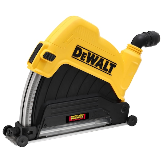 DEWALT DWE46229 yellow and black power tool with dust extraction attachment.