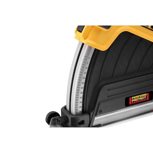 Close-up of DEWALT tool angle gauge and safety label Perform Protect.