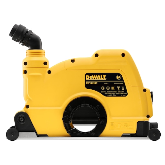DEWALT DWE46229 yellow dust shroud accessory for angle grinders, shown side view with black hose connector.