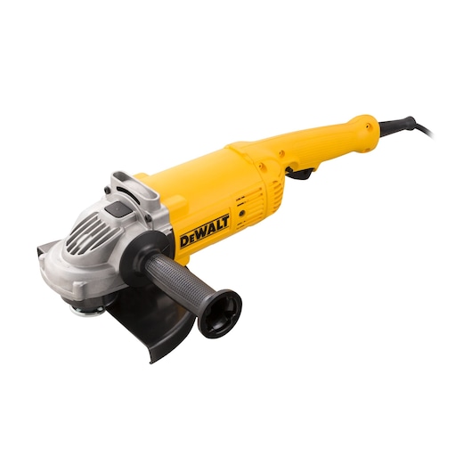 A yellow DEWALT DWE490 angle grinder with a side handle and power cord, shown against a white background.