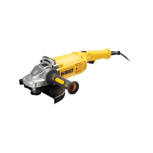 DEWALT DWE492K angle grinder with yellow handle and side grip, suitable for cutting and grinding tasks.