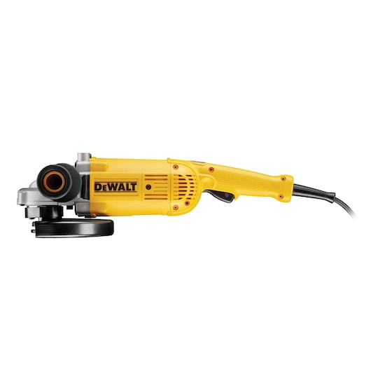 Yellow DEWALT electric angle grinder with side handle and visible power cord.