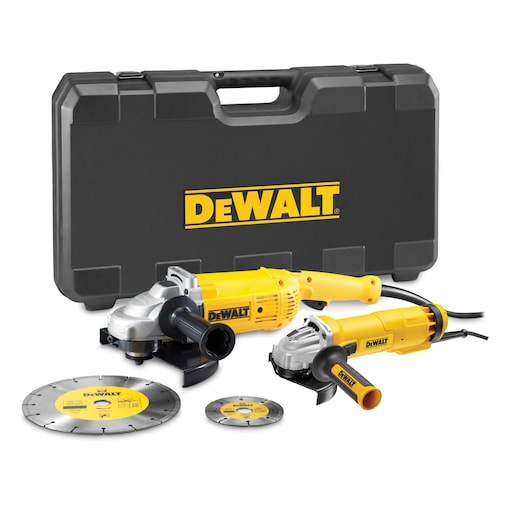 DEWALT tool set with two yellow angle grinders, blades, and a black carrying case.