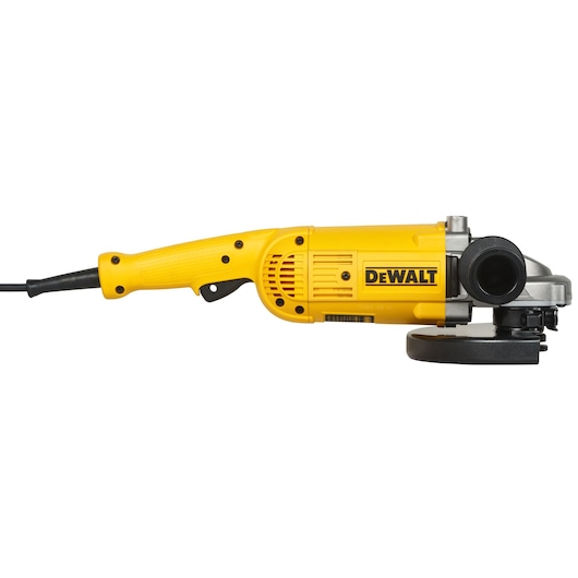 Yellow DEWALT DWE492 angle grinder with side handle, power cable, and protective guard.