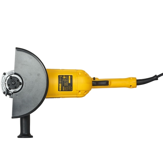 Yellow DEWALT angle grinder with side handle and power cord, shown against a white background.