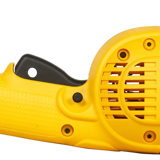 Close-up of a yellow DEWALT power tool handle and vent with textured grip and black trigger visible.
