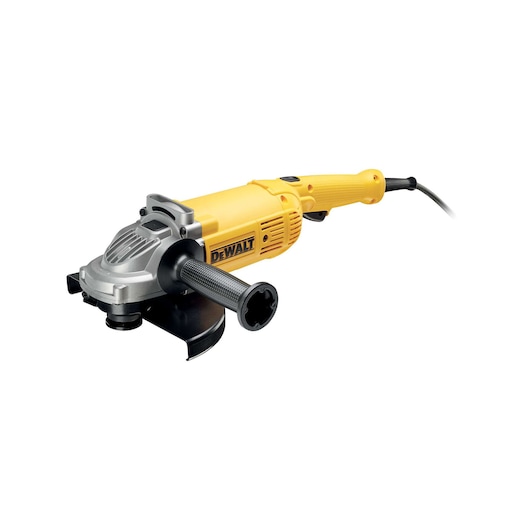 Yellow DEWALT electric angle grinder with side handle, shown on white background.