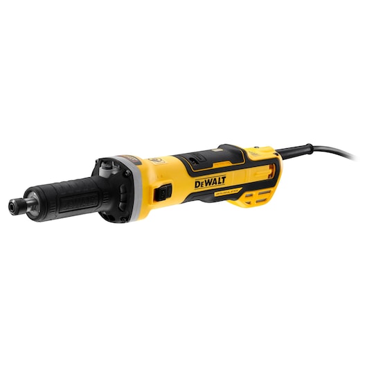 A DEWALT DWE4997 electric die grinder with a yellow and black body, shown isolated on a white background.