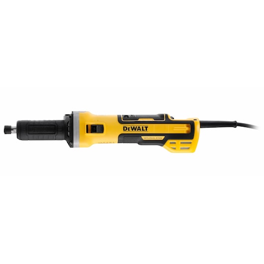 A DEWALT yellow and black electric straight die grinder with a brushless motor and a corded power supply, shown isolated on a white background.