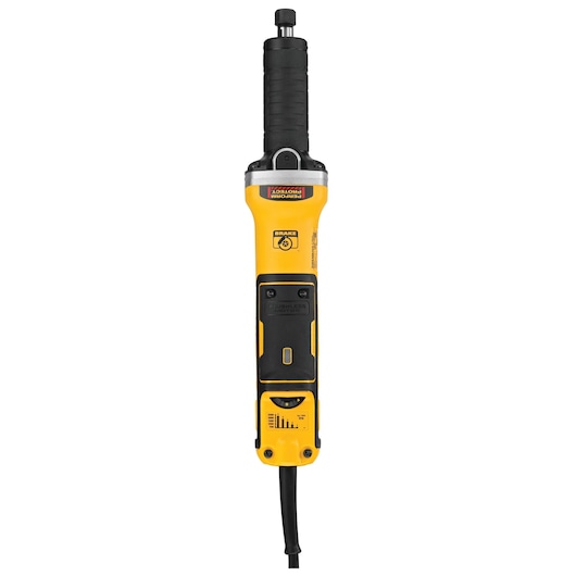 A DEWALT long-neck electric die grinder with a yellow and black body, rubberized grip, and corded design, model DWE4997, photographed vertically against a white background.