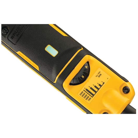Close-up of a DEWALT power tool handle featuring a black and yellow speed control dial with RPM settings and an indicator window.